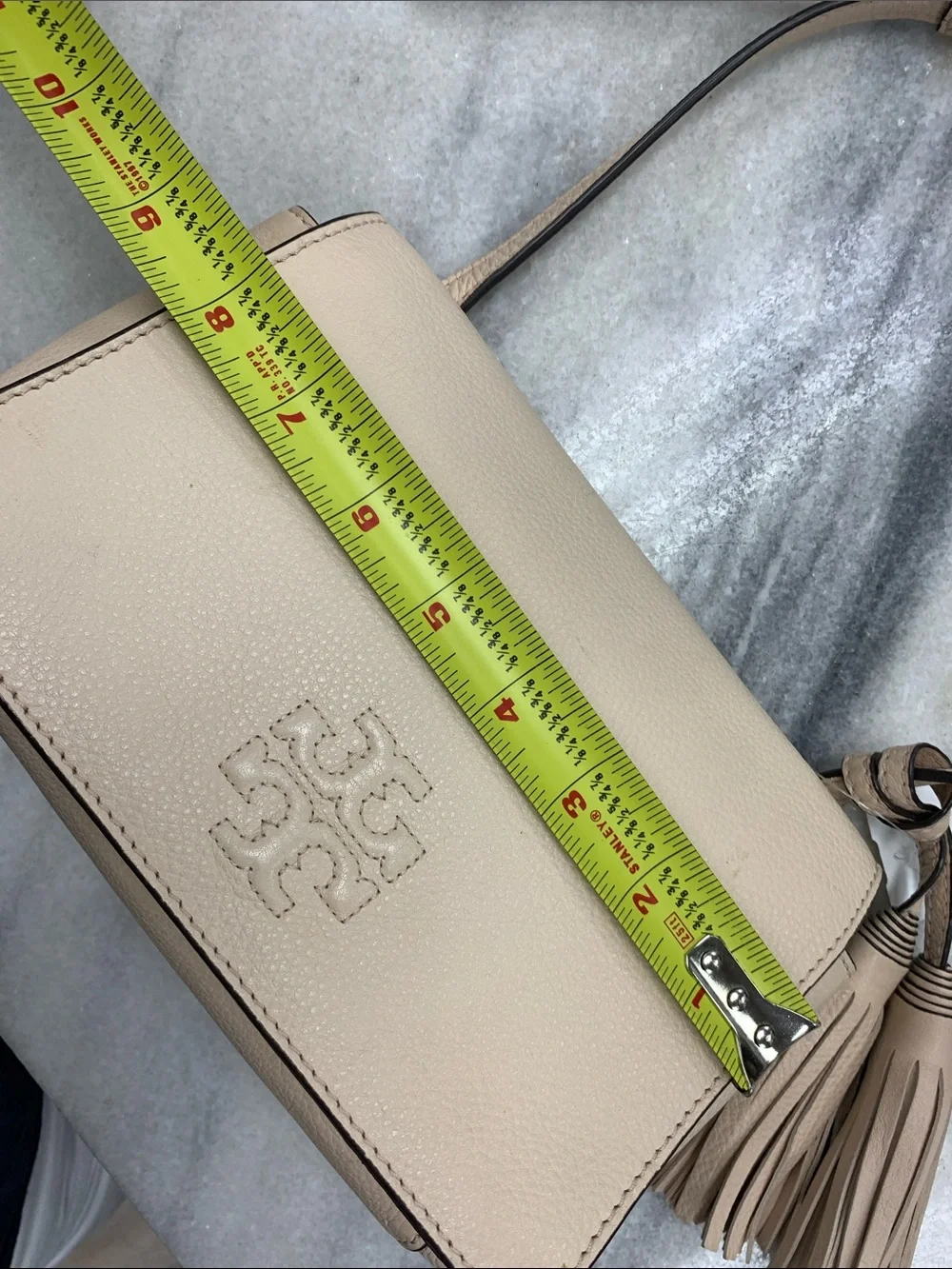 Tory Burch Neutral Beige Pebbled Leather Crossbody with Tassel - Picture 5 of 8